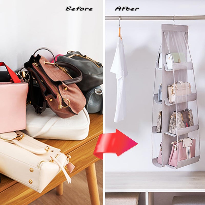 AARAINBOW 1 Pack Hanging Handbag Purse Organizer, Bags Organizor for Purse 8 Pockets Wardrobe Closet Space Saving Handbag Storage, 44.5L x 13.5W (B-Light Gray) - Image 4